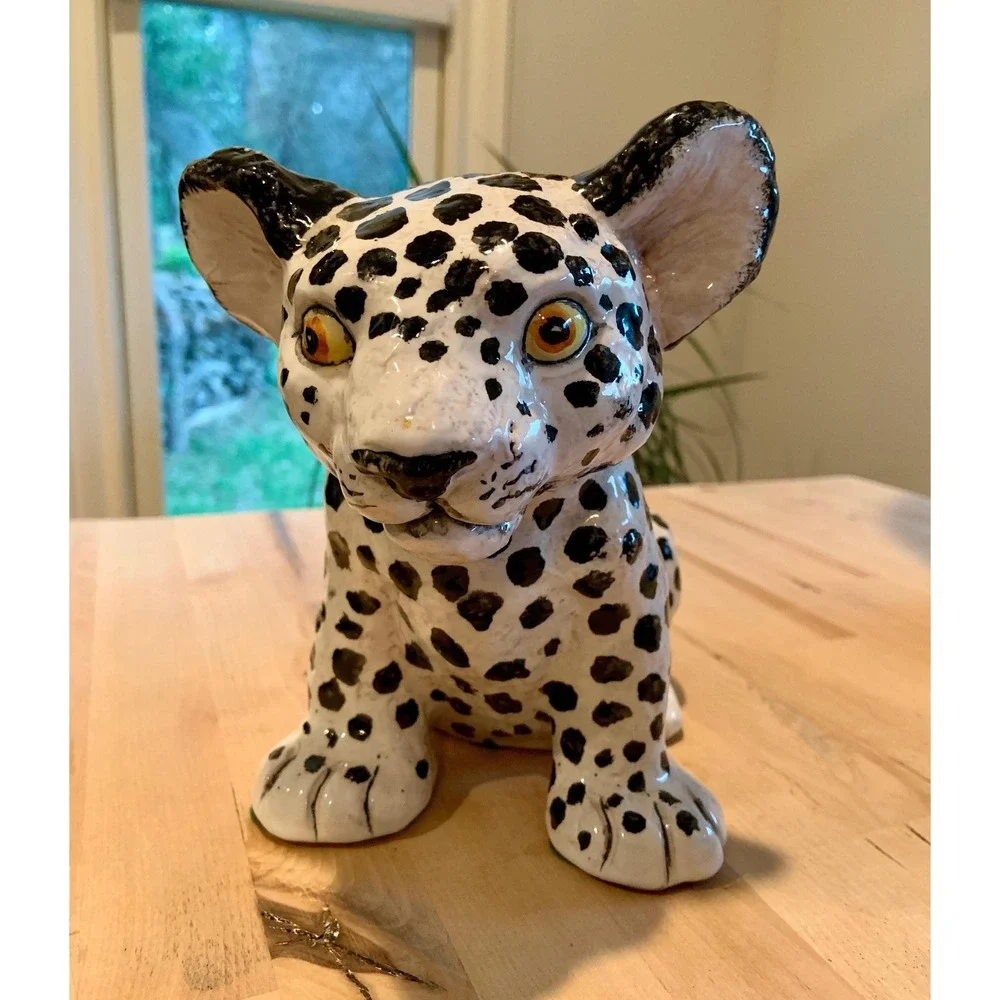 Vintage Mid-Century Majolica Leopard Cub White and Black made in Italy